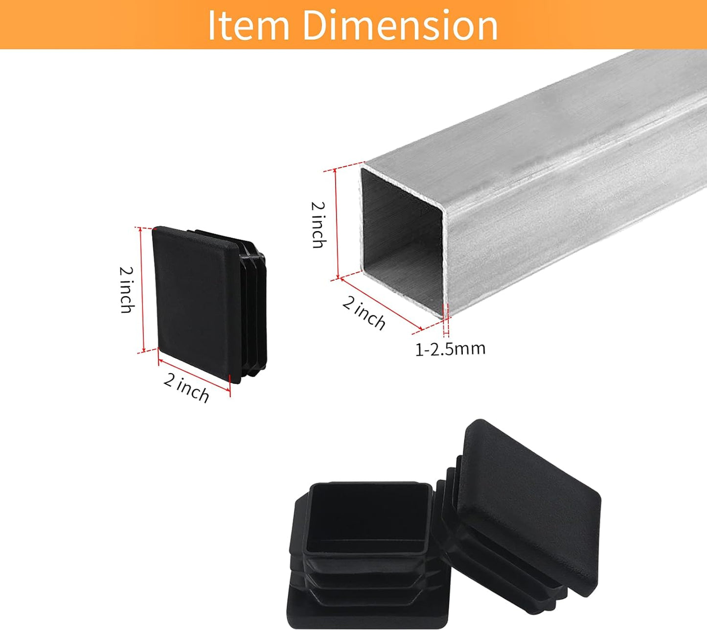 , 2 Inch 2x2 Square Tube End Cap Plastic Plugs 12 Pack, 2 Inch 2x2 Square Tubing Plug 2x2 Tube End Caps Fence Post Pipe Cap Cover Tubing Insert Chair Glide Finishing Plugs, Black