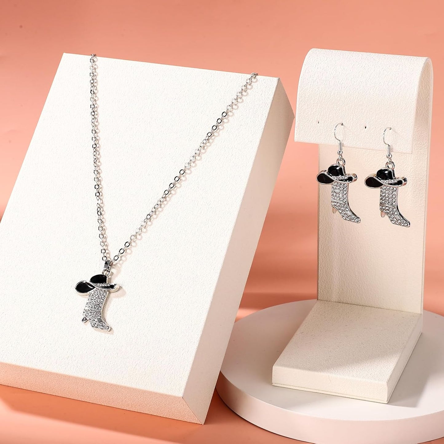 3pcs Western Cowgirl Accessories Set, Rhinestone & Enamel Cowboy Hat & Boots Dangle Earrings and Matching Necklace Country Concert Western Dress-Up Accessory for Women