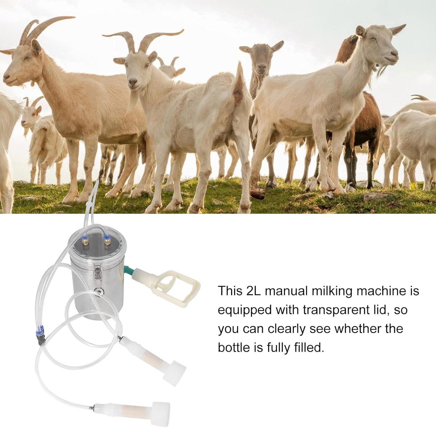 2L Goat Milking Machine, Large Capacity Manual Milking Machine Effort Saving Goat Milker Adjustable Pulsating Pump Stainless Steel Bottle Portable Milking Kit for Sheep, Cow, Goat