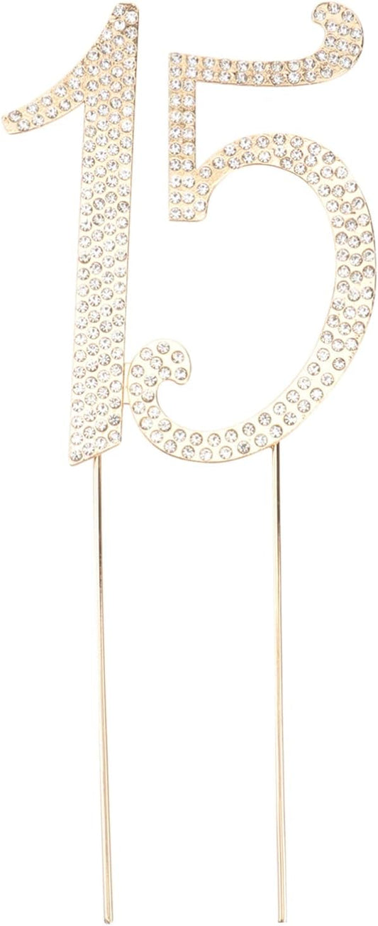 15 Cake Topper Birthday Number 15 Crystal Rhinestones Cake Topper 15th Cake Decoration for Birthday Anniversary Party Decoration Supplies (Gold)