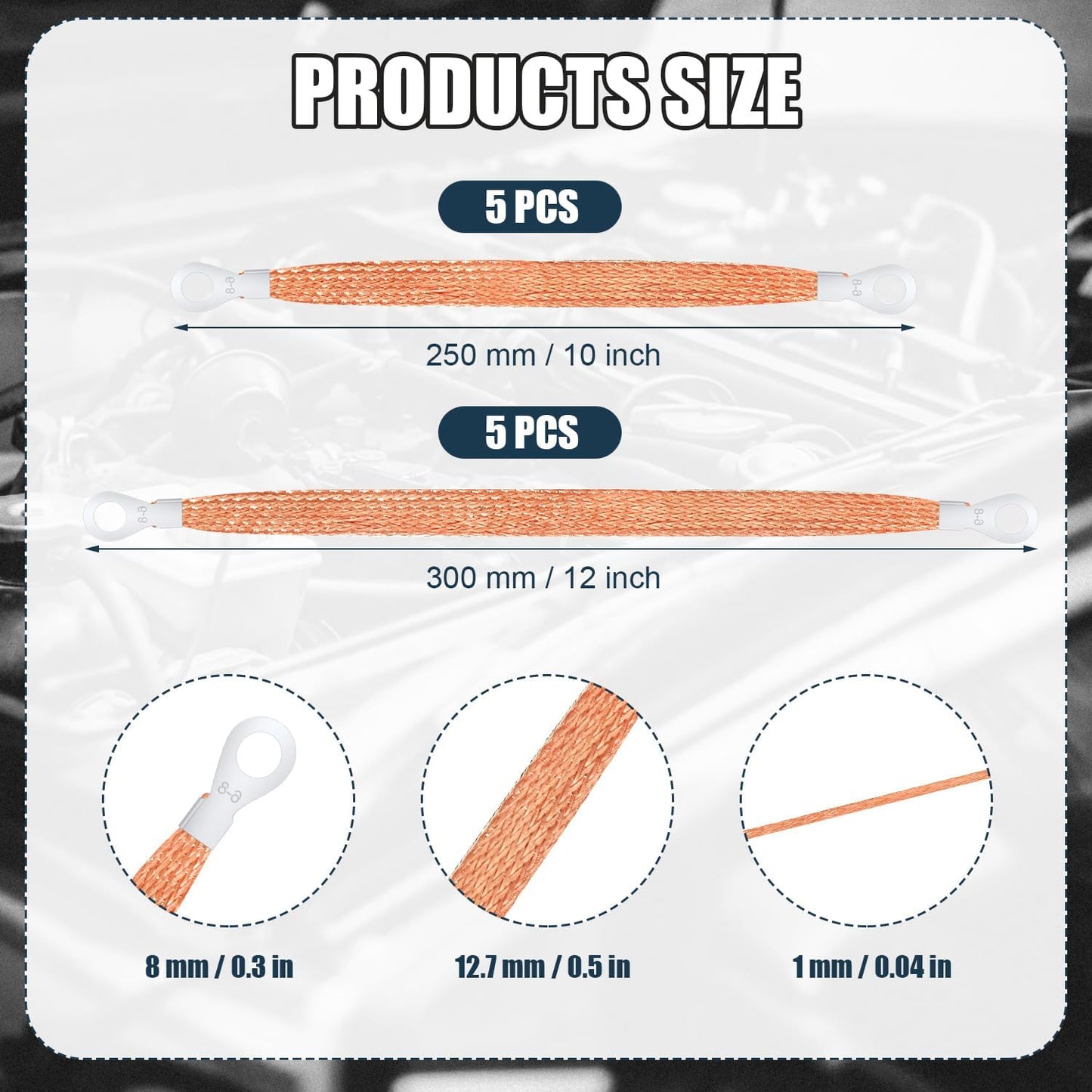 10pcs Universal Automotive Ground Straps, 10/12 inch Engine Ground Strap Kit Braided Copper Ground Straps Automotive Ground Strap Wire Ground Strap Connectors for Most Cars (Copper)