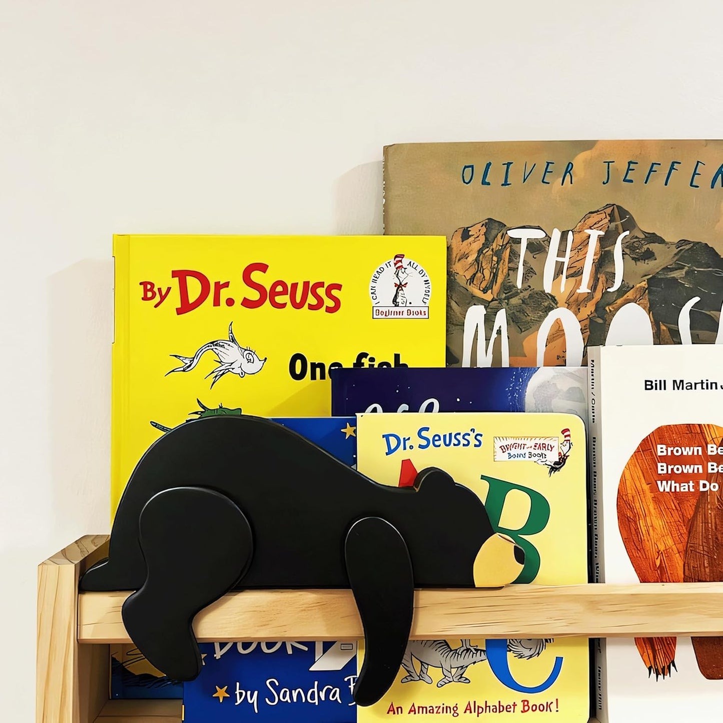Woodland Nursery Decor For Baby, Black Bear Decoration, Wooden Wilderness Sleeping Bear, Safari Forest Decor For Classroom Bedroom Nursery Room Shelf (Black)