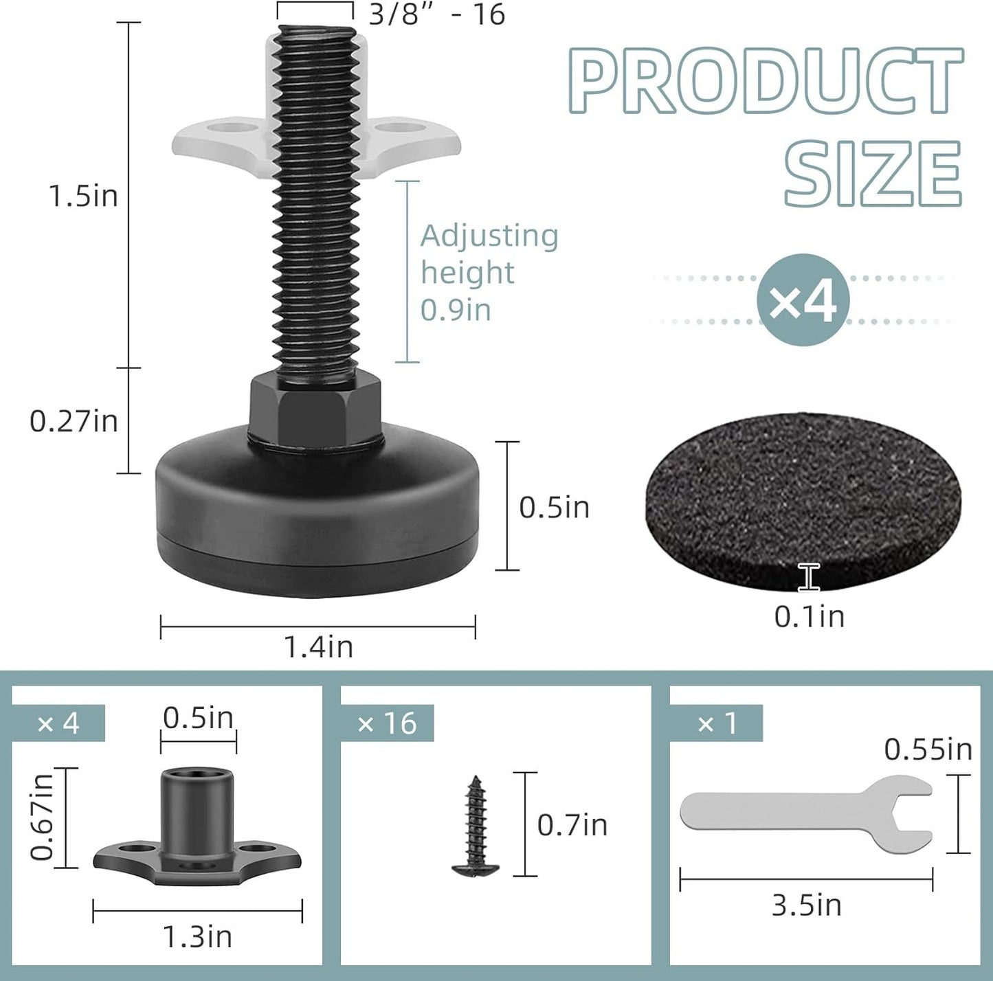 Heavy Duty Furniture Levelers, 4 Pack 3/8"-16 Threaded Leveling Feet Furniture Levelers Table Feet Adjustable Leg Levelers for Table/ Chair/Sofa/Desk/Cabinet/Workbench, Supports 1320LBs-Black