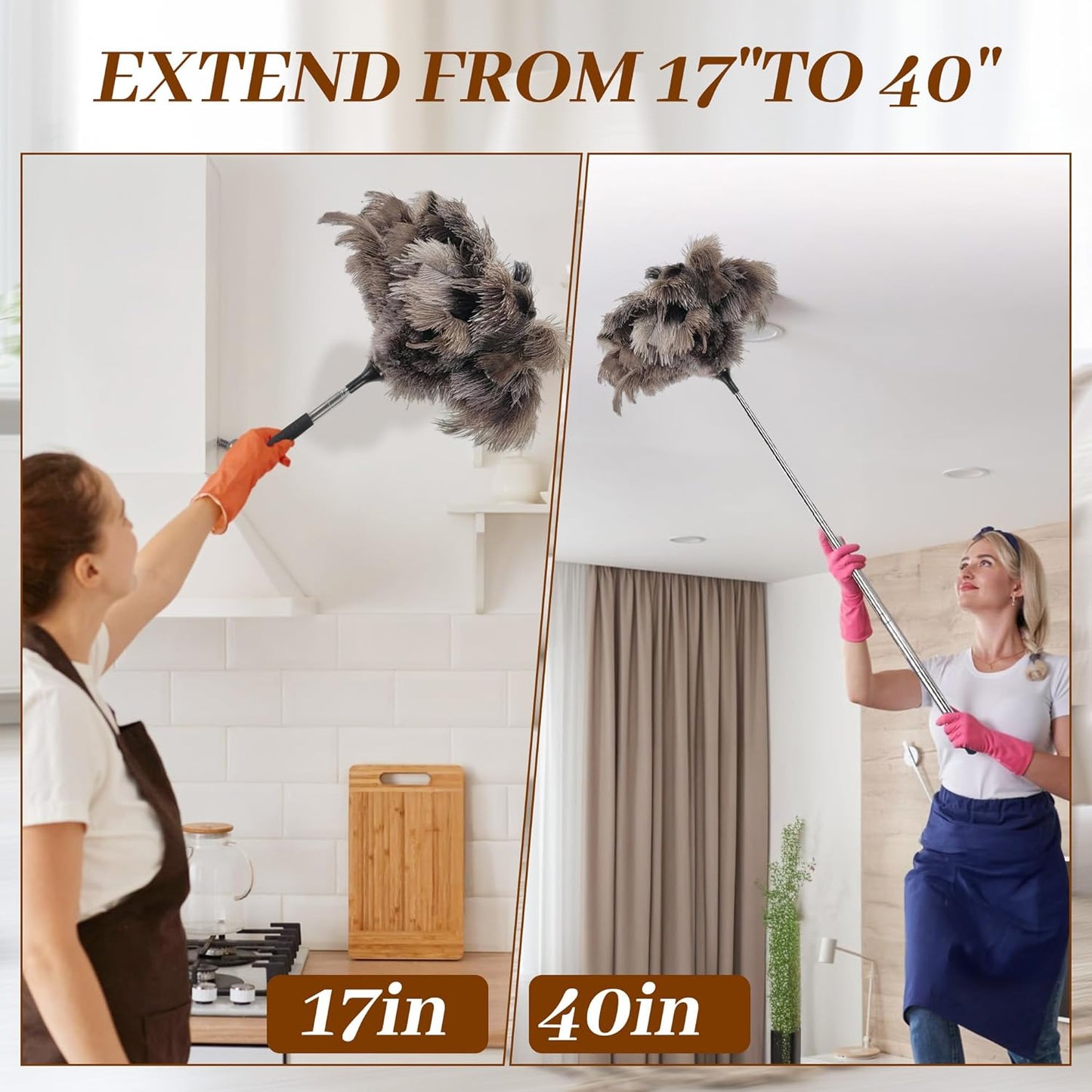 40 inches Extendable Ostrich Feather Duster， Fluffy Long Handle Reusable Duster for Cleaning Ceiling Fans, Pendant Lamps, High Ceilings, Blinds, and Furniture