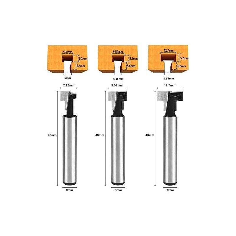 8mm T-Slot Router Bits 3Pcs Set with 7.93/9.52/12.7mm Shanks Compatible with Bosch DeWalt Makita for Woodworking Power Tools Carpentry