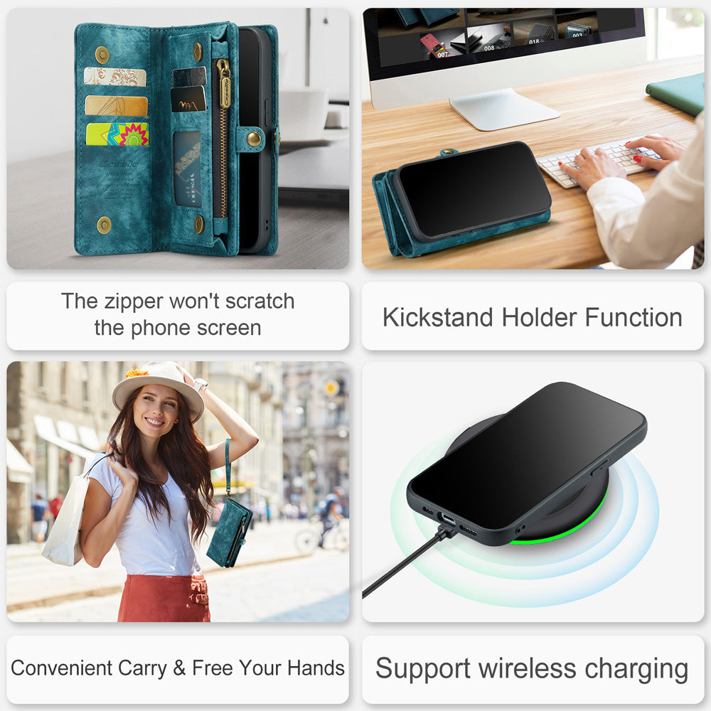 Compatible with Samsung Galaxy S25 Leather Magnetic Zipper Wallet Case 2-in-1 Detachable Flip Cover with Card Holder iPhone 16 Black