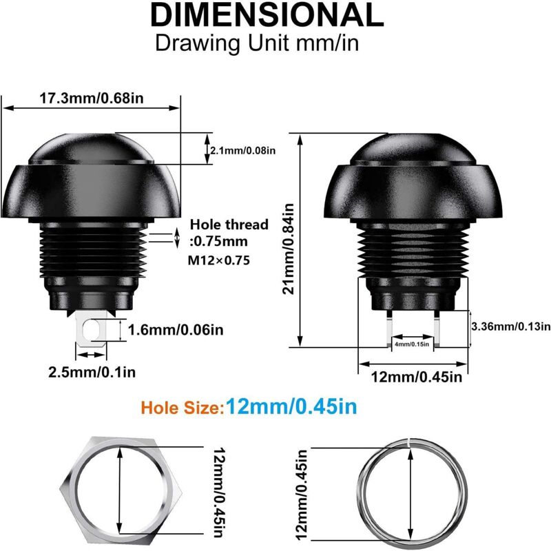 Waterproof Momentary Push Button Switch SPST 12mm ON/OFF Compatible with Car Horn PC Lamp Doorbell 12pcs 3A 3-230VAC