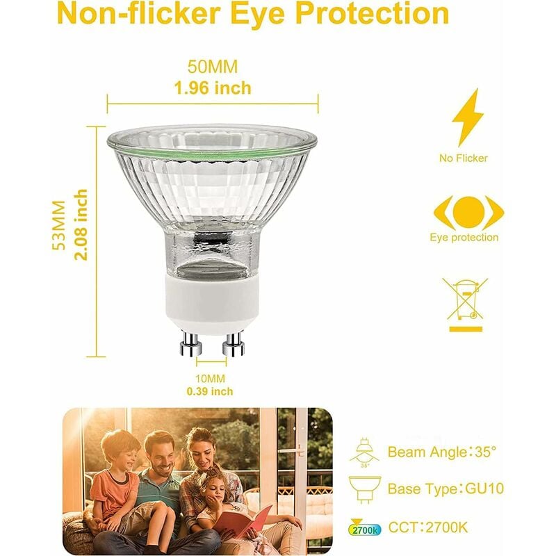 GU10 Halogen Bulbs 50W 220V 2700K Warm White 35 Degree Beam Angle 6-Pack