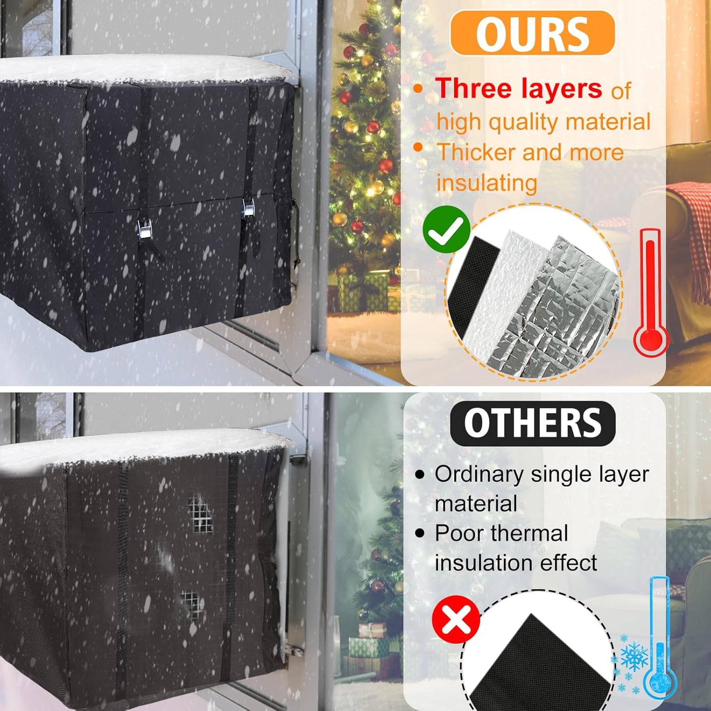 Air Conditioner Covers for Window Units - 3 Layers Insulation Outside AC Cover with Elastic Drawstring Metal Buckle Strap, Outdoor Winter Waterproof AC Canopy Sun Shade - 27.5 × 22.5 × 18.5 Inch