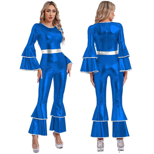 Bell Bottom Jumpsuit Royal Blue M Vintage 70s Disco Shiny Romper Cheerleading Uniform for Halloween Cosplay Theme Party and Muscle Suit