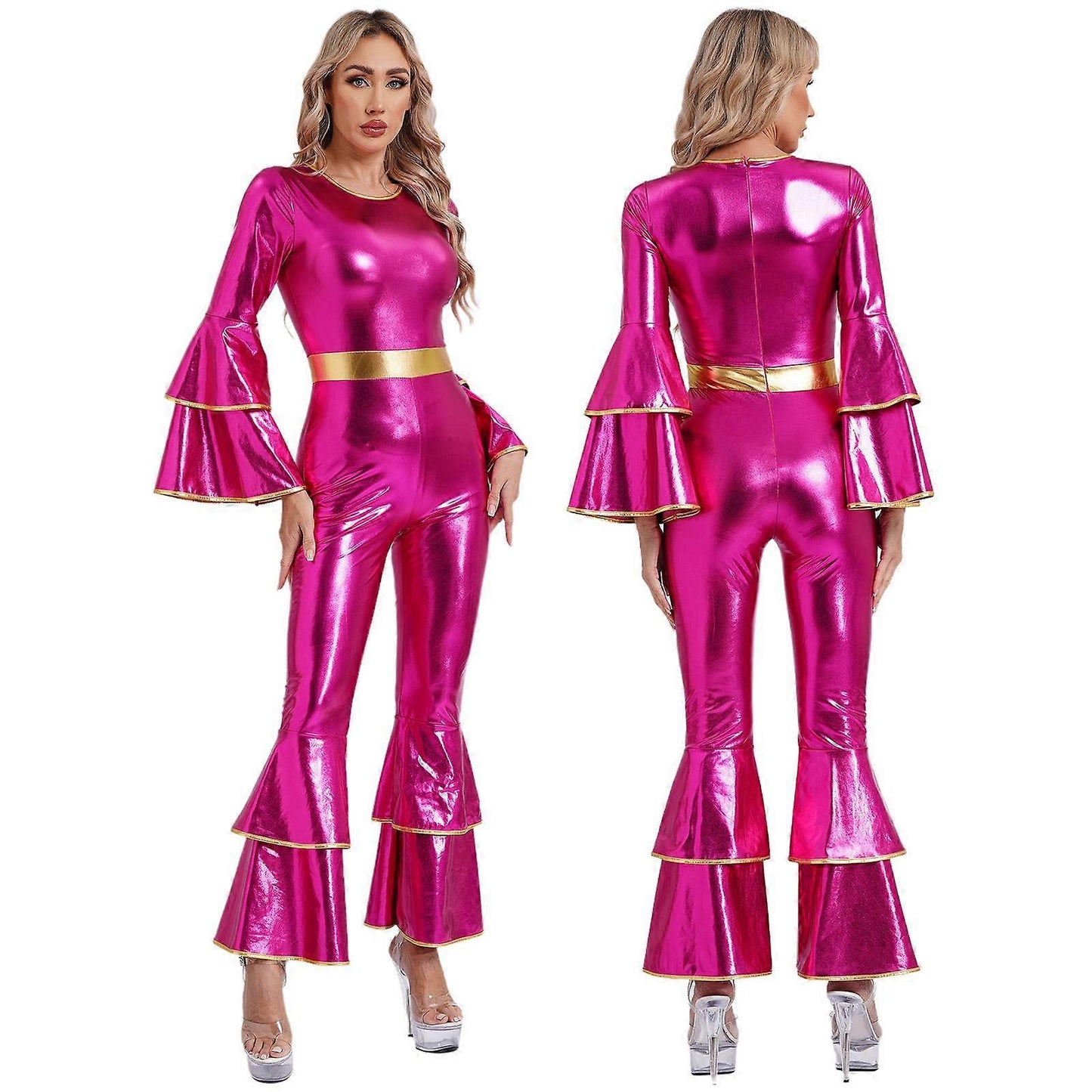 Bell Bottom Jumpsuit Royal Blue M Vintage 70s Disco Shiny Romper Cheerleading Uniform for Halloween Cosplay Theme Party and Muscle Suit