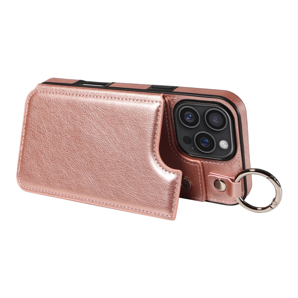 Compatible with Apple iPhone 16 Pro Max Case with Ring and Card Holder, PU Leather, Rose Gold Pink, Skalo