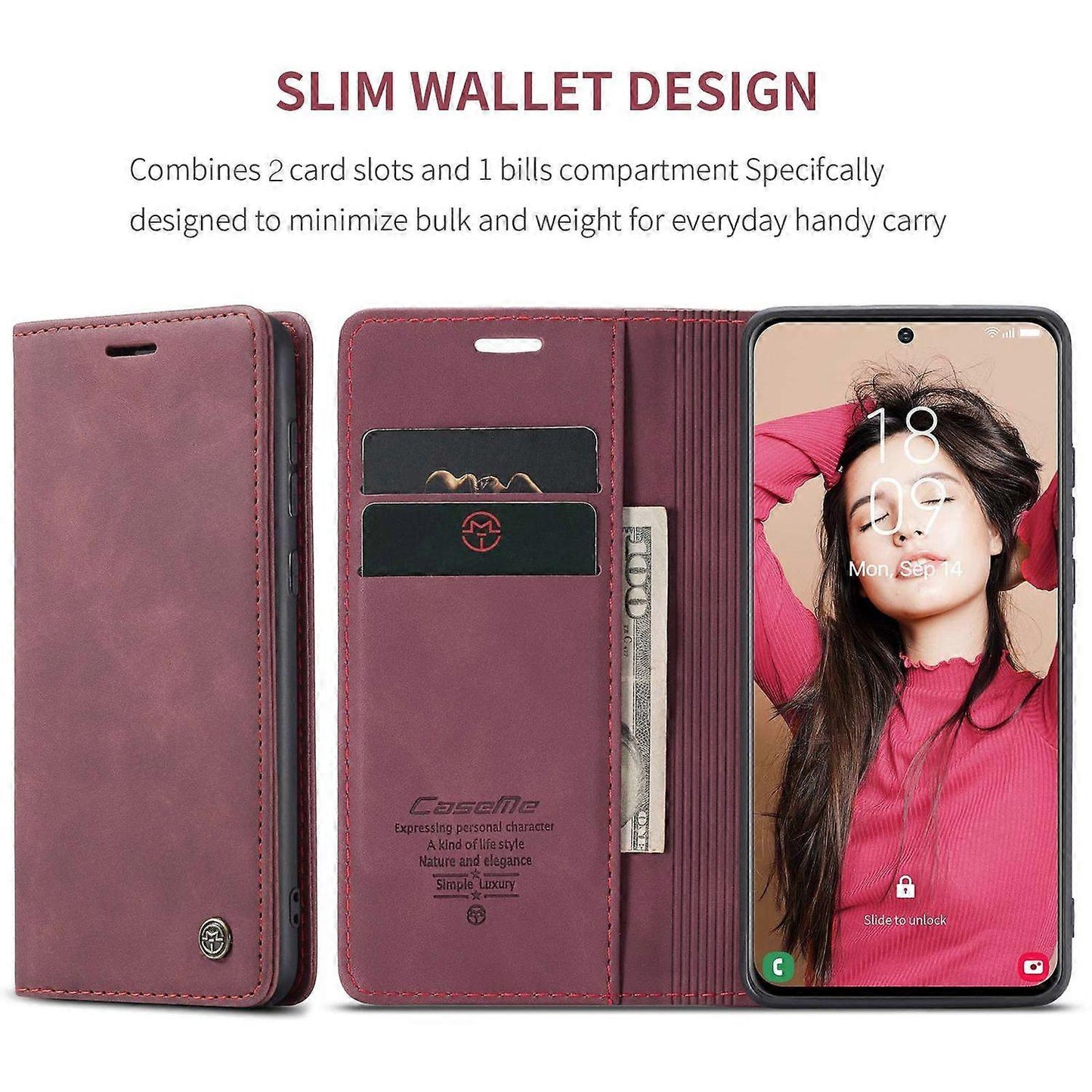 Compatible with Samsung Galaxy S21 FE Wallet Case Stand with Automatic Suction PU Leather Case Red Samsung