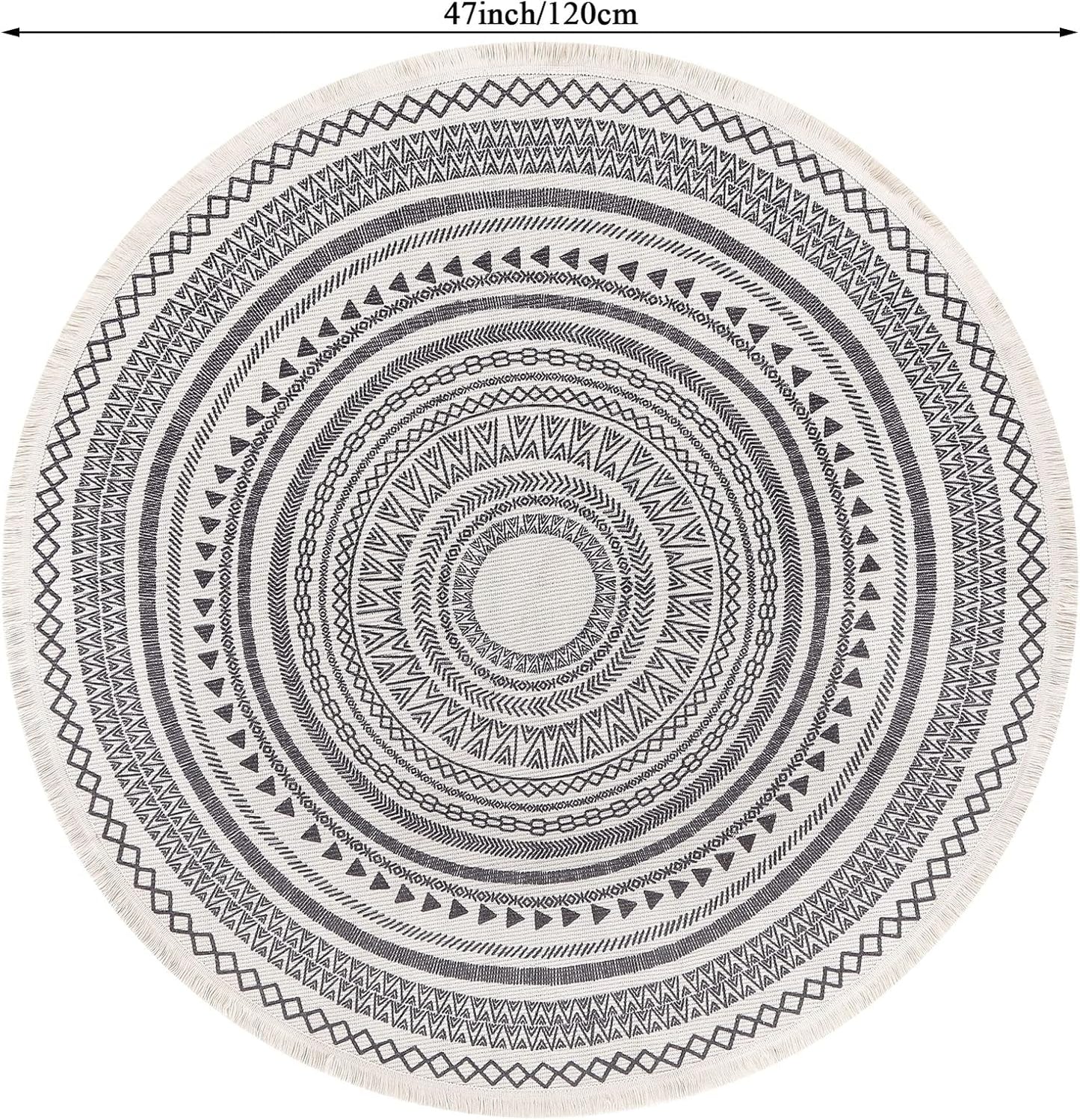 Moroccan Style Grey Round Woven Cotton Washable Absorbent Rug 120cm with Fringes