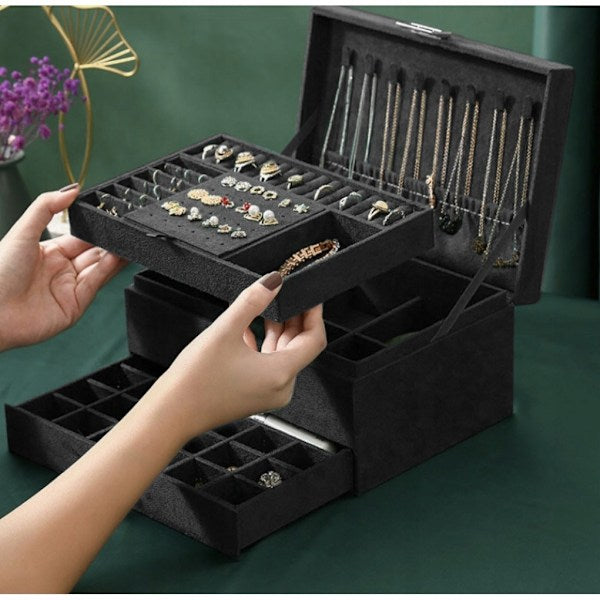 Black Jewelry Box with Key Lock and Multiple Compartments Black—yux