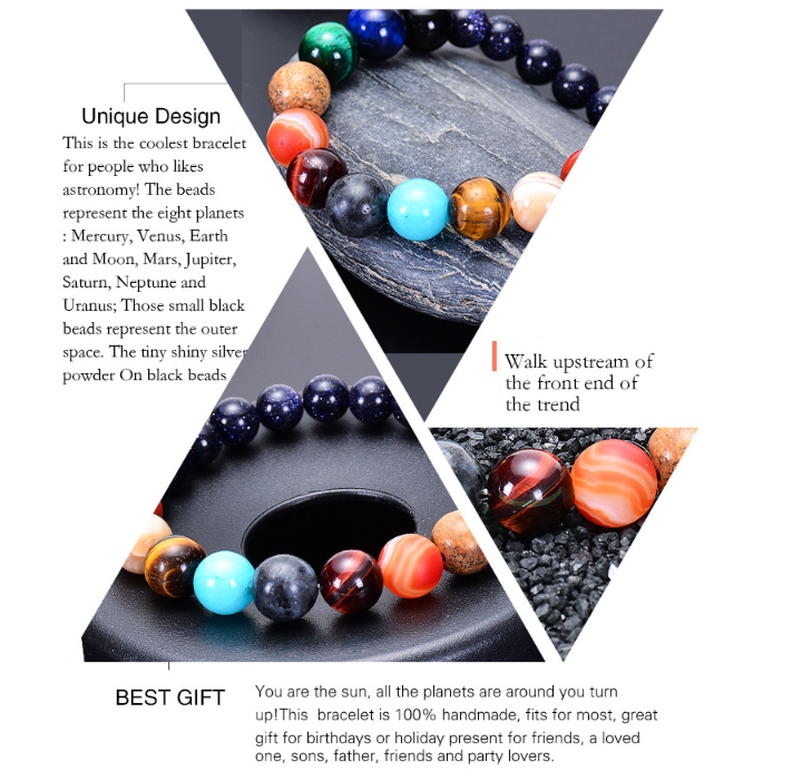 Solar System Eight Planets Bracelet for Men and Women, Universe Galaxy Natural Stone Beads Gift