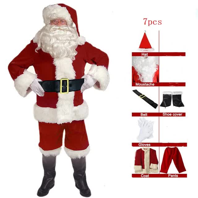 Santa Claus Costume 7 Parts Complete Set for Adults Cosplay with Elf XL 180-195cm