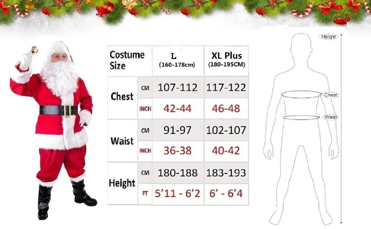 Santa Claus Costume 7 Parts Complete Set for Adults Cosplay with Elf XL 180-195cm