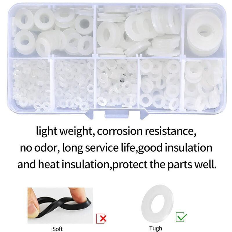Nylon Flat Washers Assortment Kit, 500 Pieces, White, M2 M2.5 M3 M4 M5 M6 M8 M10 Insulation Round Spacers