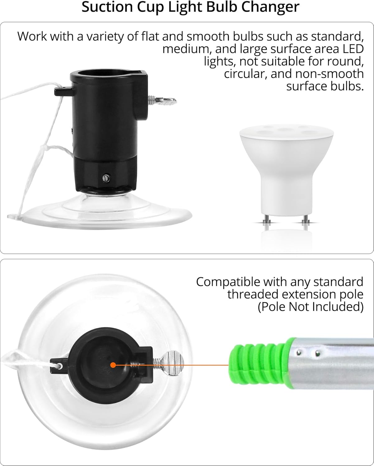 Professional Light Bulb Changer Kit - 3 Piece Set - Extension Pole Compatible, for High Ceiling Incandescent Bulbs with Standard, Floodlight & Recessed Changer