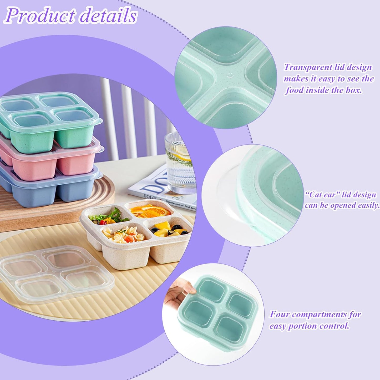 Snack Boxes with Compartments for Kids and Adults 4-Compartment Bento Lunch Boxes 4-Pack