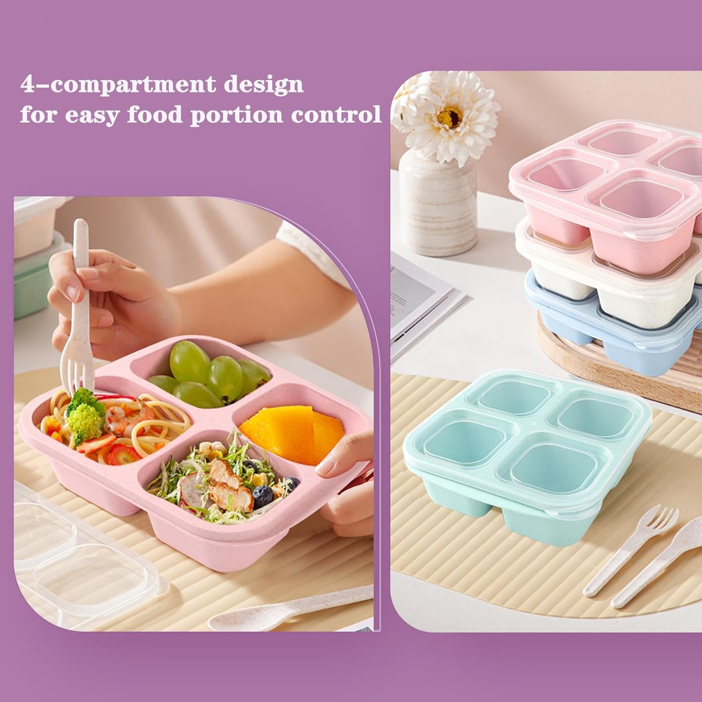 Snack Boxes with Compartments for Kids and Adults 4-Compartment Bento Lunch Boxes 4-Pack