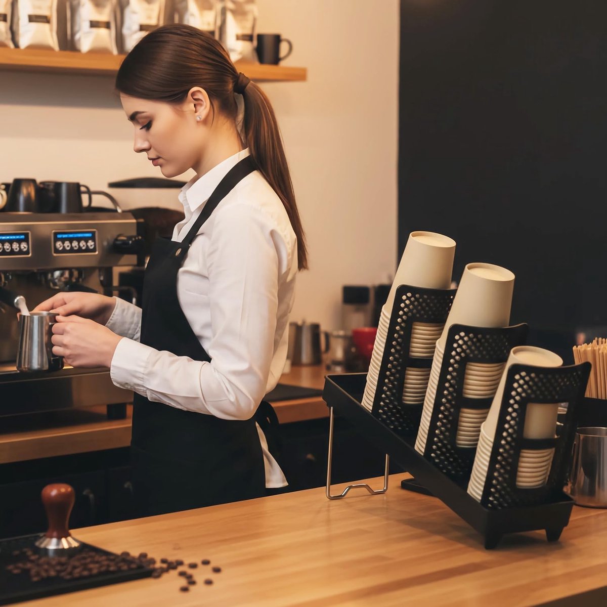 Paper Cup Holder - Paper Cup and Lid Organizer - Upright Holder with Three Compartments for Disposable Cups - Holds 100 Cups or 150 Lids - Steel Stand - Ideal for Kitchens, Offices, and Cafes