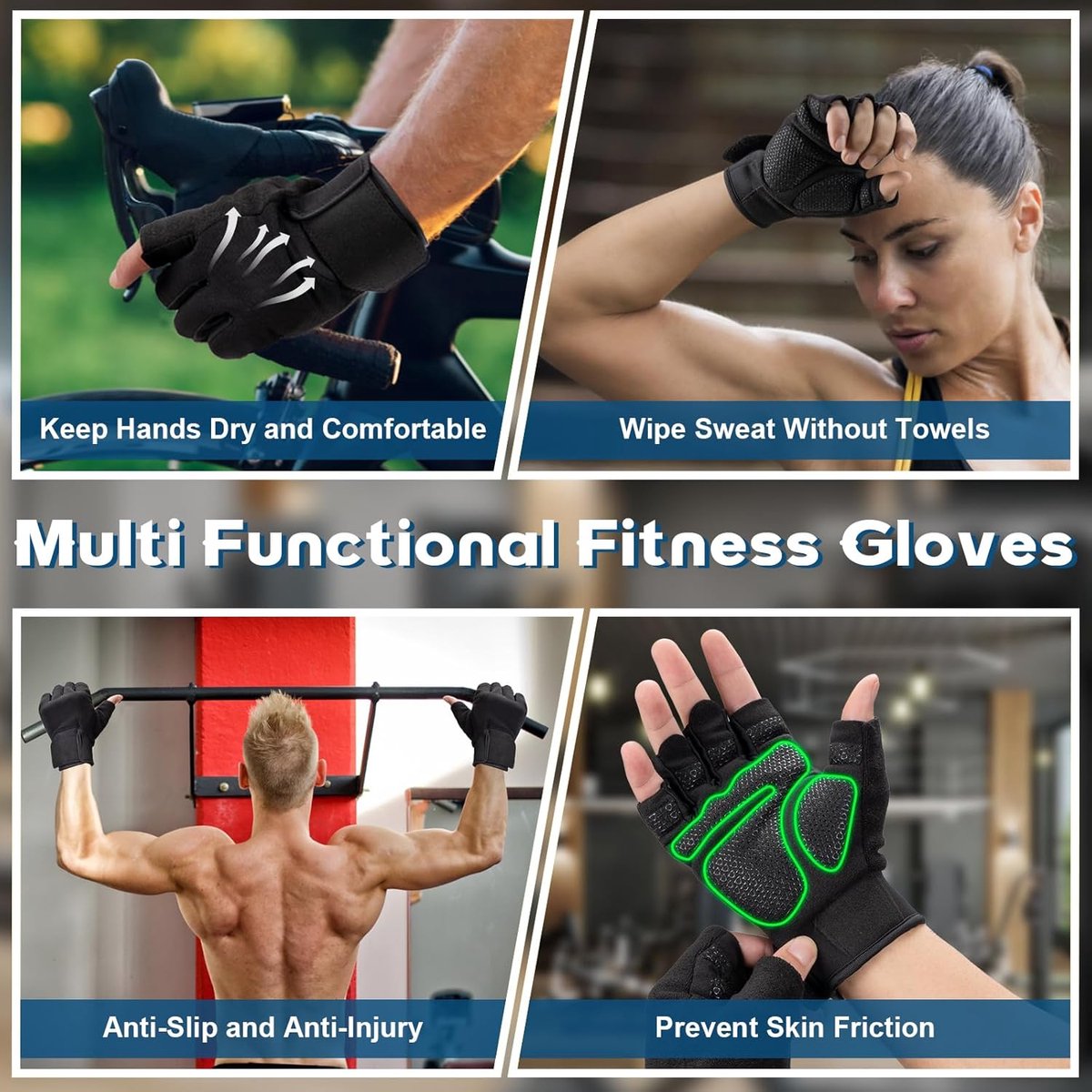 Fitness Gloves - Sports Gloves - Fingerless Gloves - Running Gloves - Unisex - Breathable and comfortable - With wrist support - Suitable for weightlifting, cycling, rowing and fitness training - Black, size L