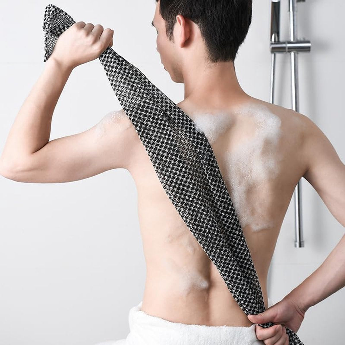 Back Scrubber Set | 2-Piece Exfoliating Shower Towel | Extra Long Exfoliating Washcloth for Men and Women - Scrub Cloth for Body Cleansing and Massage (Black-B)