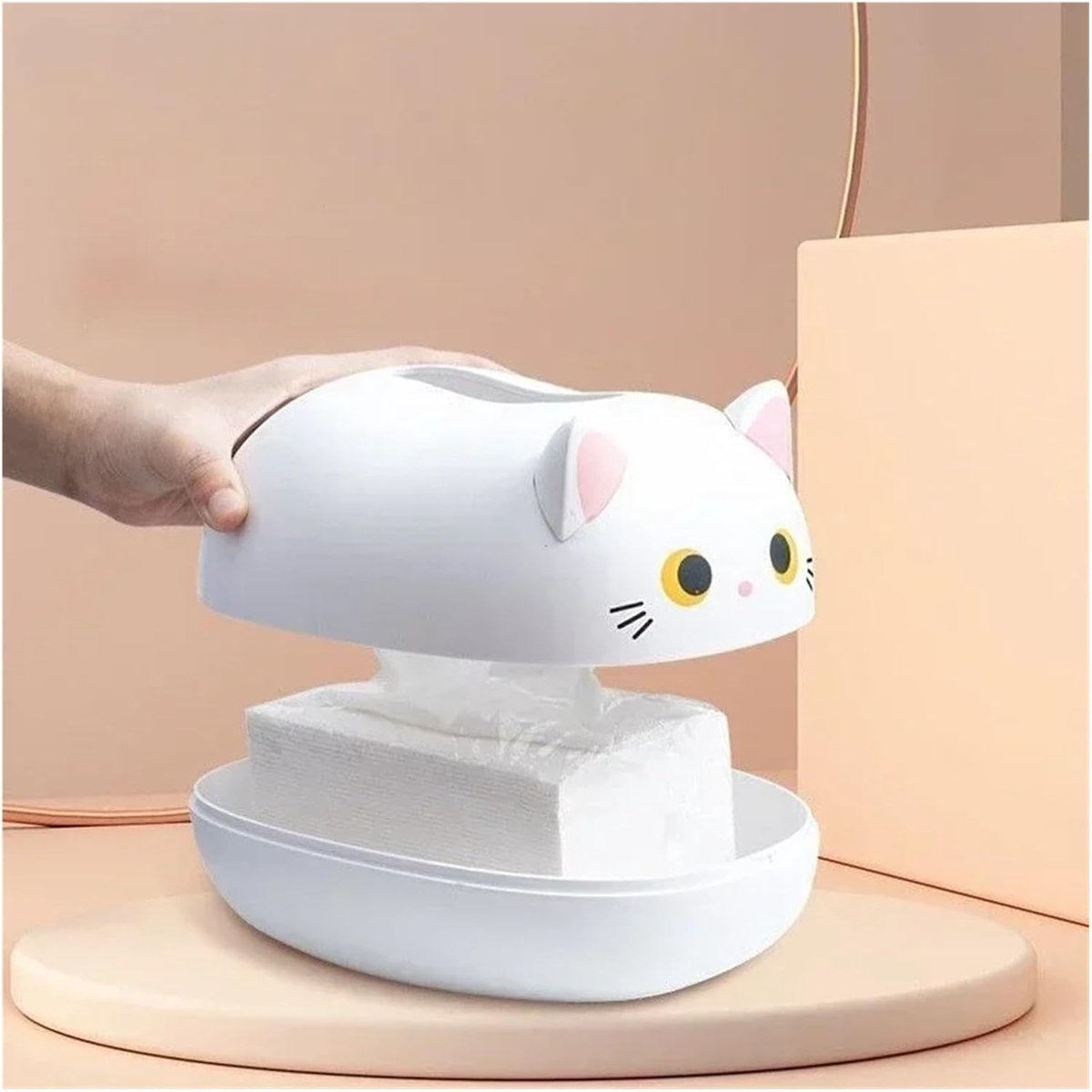 Tissue Box - Tissue Box Organizer with Cat Print - Napkin Holder for the Living Room - Tissue Box for the Kitchen - Toilet Paper Holder for the Bathroom (White，22*16*13cm)