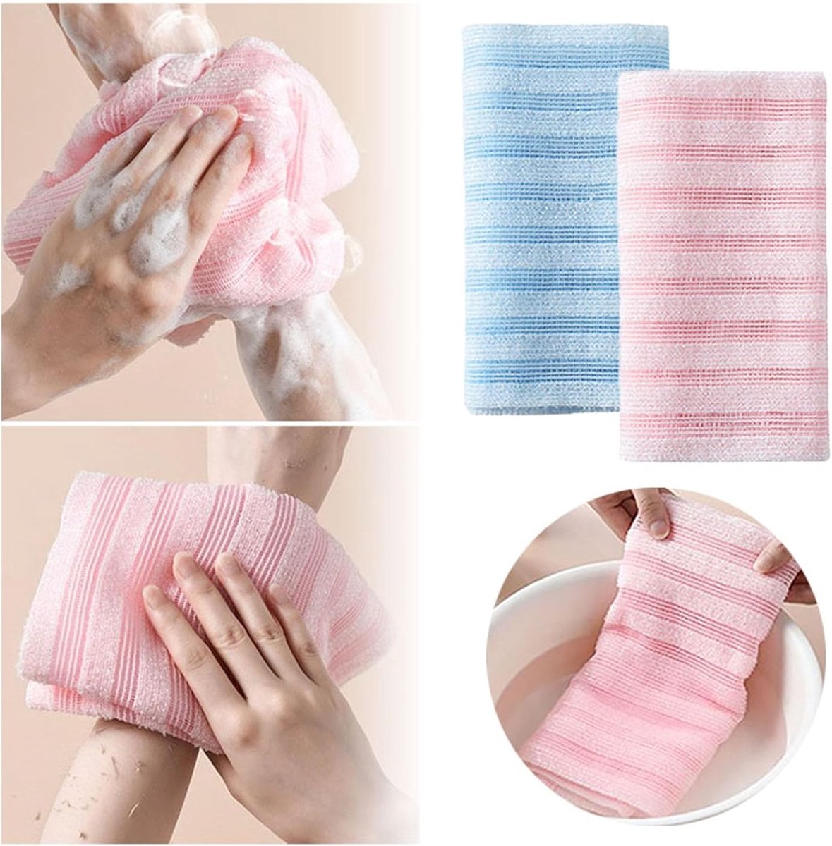 Back Scrubber Set | 2-Piece Exfoliating Shower Towel | Extra Long Exfoliating Washcloth for Men and Women - Scrub Cloth for Body Cleansing and Massage (Pink)