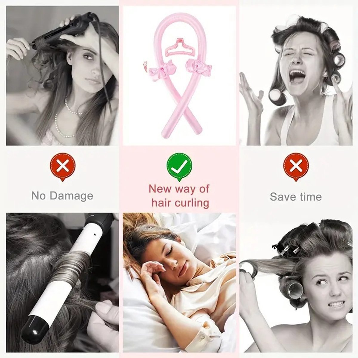 Hair Rollers - 11-Piece - Heatless Curling Iron - Heatless Curls - Curls without Heat - Includes Hair Clip and Satin Sleep Cap (Pink)