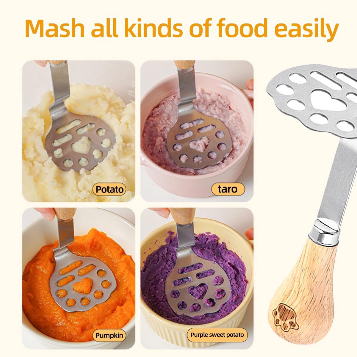 Potato Masher - Mini Avocado Masher - Small Food Masher - Made of high quality stainless steel - Flat handle that can be tilted on a table - 15 cm