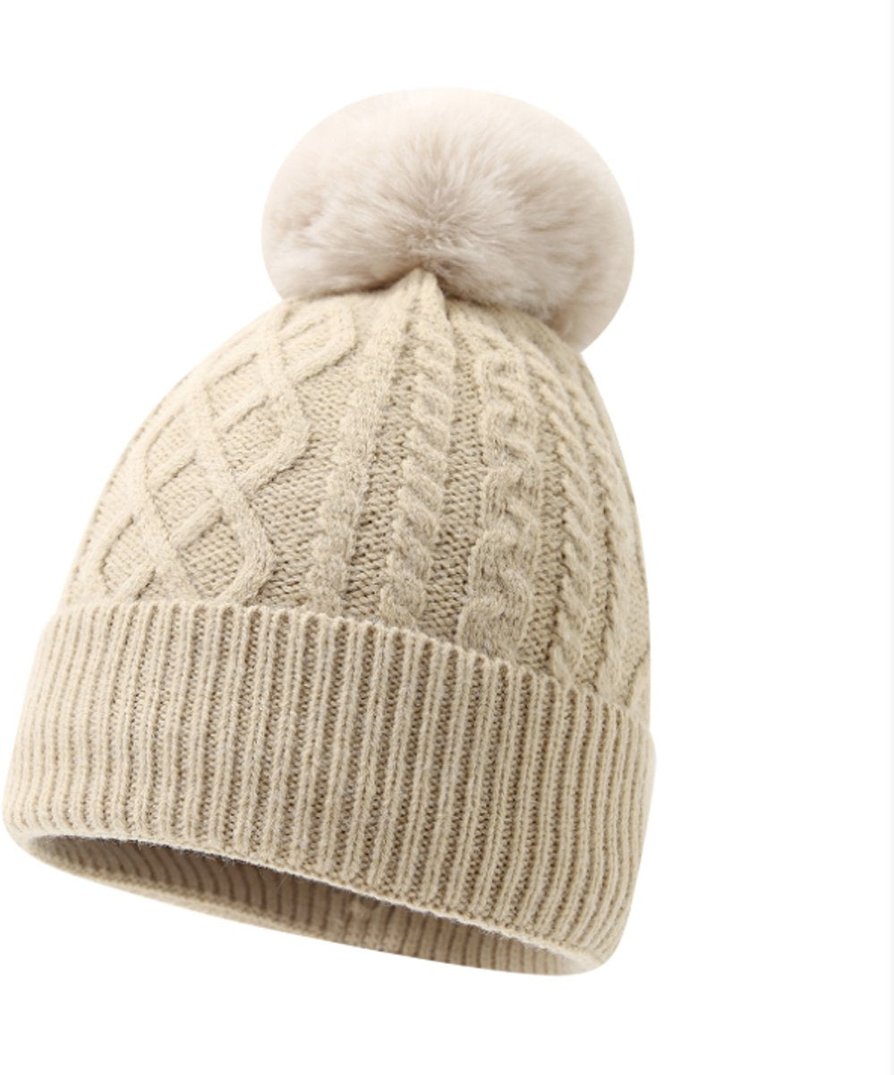 Women's Three-Piece Scarf Set - Women's Scarf - Women's Gloves - Warm Winter Hat - Solid Color - Cable Knit - Warm Hat with Fleece Lining - Knitted Hat with Pompom - Scarf - Unisex - Gloves - Beige