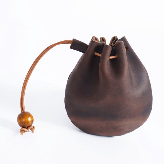 Drawstring Wallet - Leather Drawstring Wallet - Small Organizer for Headphones, Jewelry, and Candy - Coconut Brown
