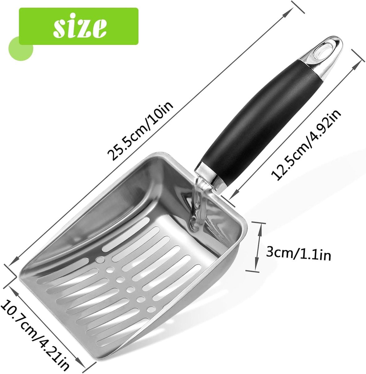 Cat Litter Scoop - Metal Cat Litter Scoop Made of Stainless Steel - Sturdy Mesh Scoop - Mesh Scoop - Easy to Clean - Suitable for Litter Boxes - Light Black