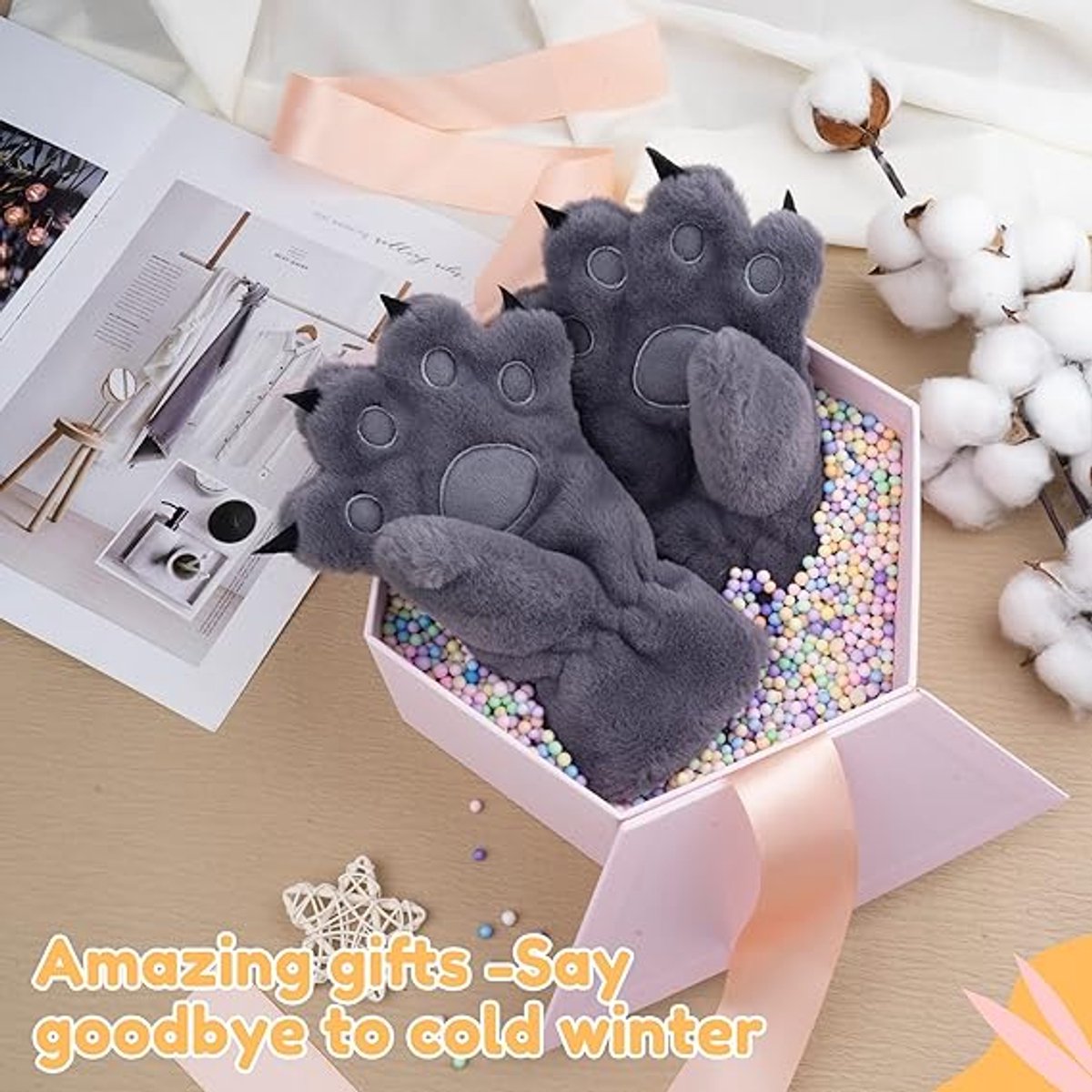 Gloves - 1 pair - Winter gloves - Cartoon gloves - Neckband - Children's gloves - Warm gloves - Plush gloves - One size（Gray）
