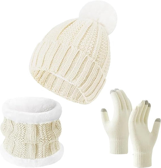 Gloves, hat and scarf - three-piece set - winter knitwear - lined with fleece and thickened - warm and cold resistant - white