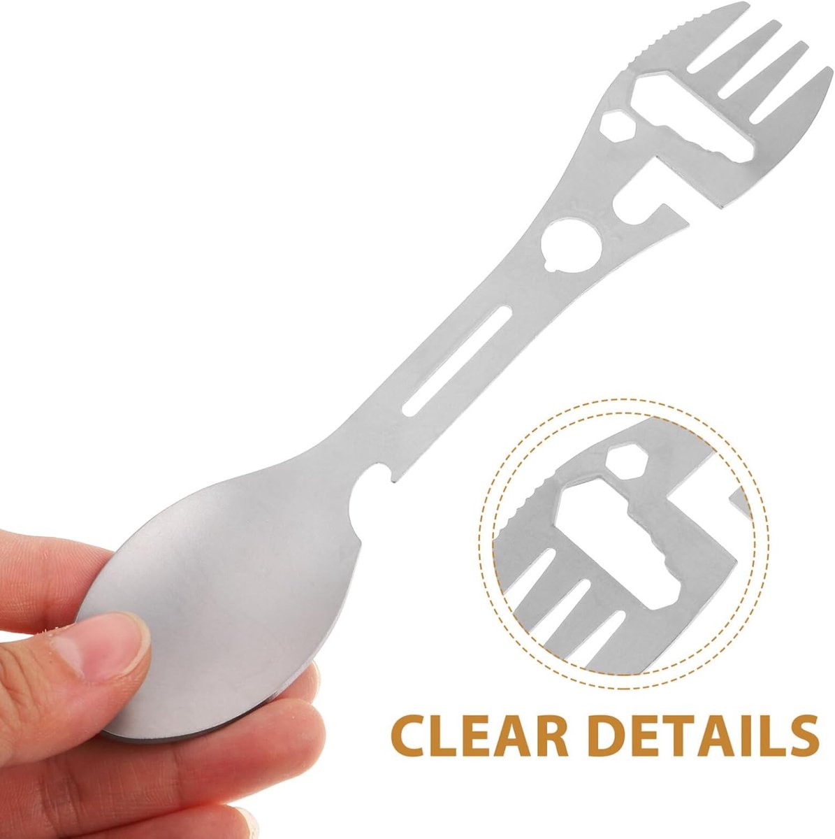 Stainless Steel Spoon and Fork - 10-in-1 Multi-Tool - Works as a combination spoon, fork, knife, bottle opener, and wrench - ideal for picnics, travel, backpacking, hiking, and fishing - Silver