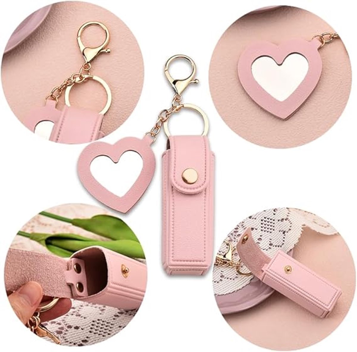 Lipstick Holder - with Mirror - Storage Box - Key Ring - Suitable for Car Keys, Lipstick Organizer (Pink)