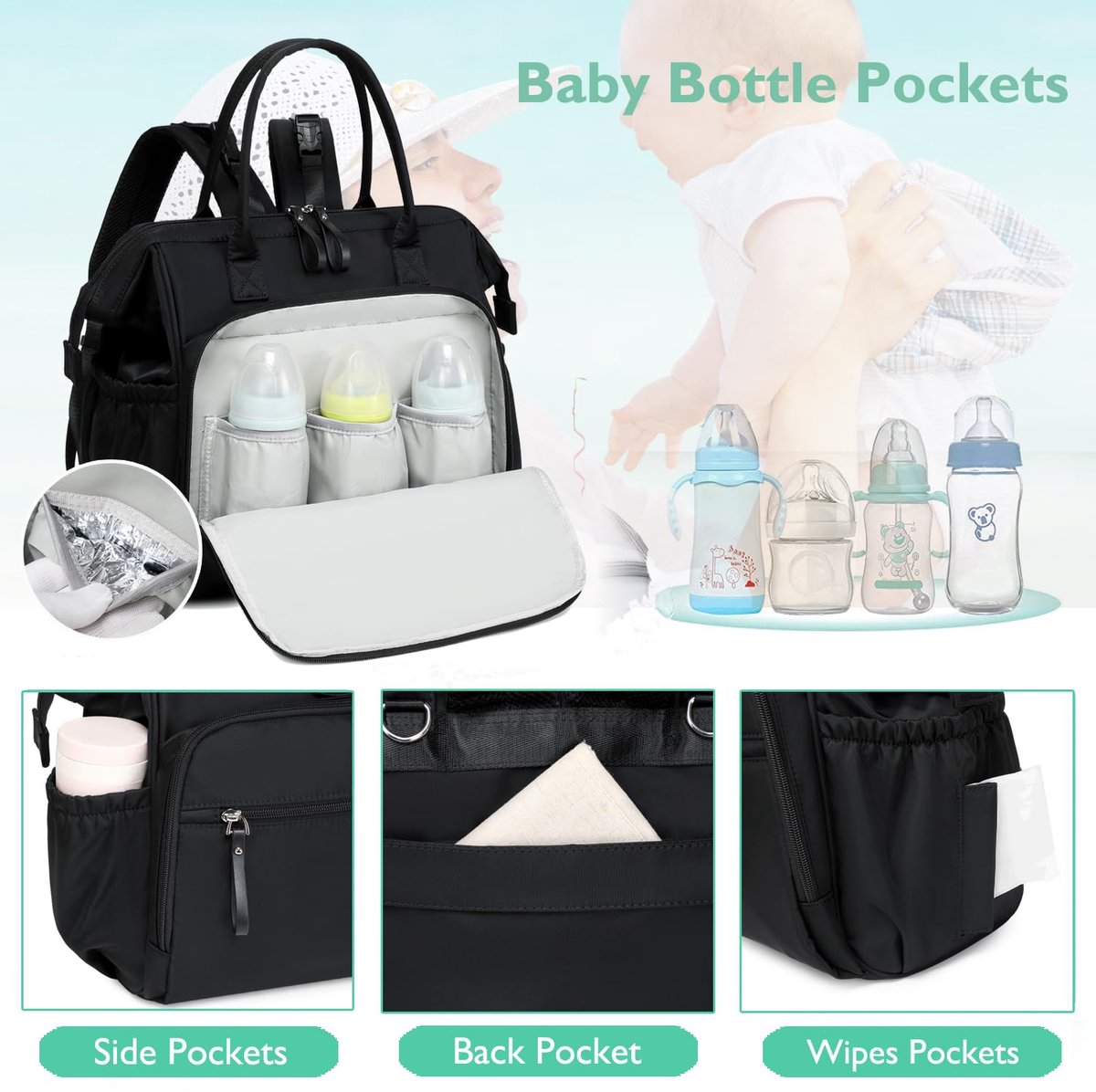 Convertible Diaper Bag - Wide Opening - 14 Pockets - Stylish - Baby Changing Bag - with Stroller Buckle - Diaper Bag - Waterproof (Black)