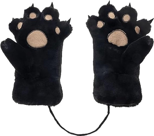 Gloves - 1 pair - Winter gloves - Cartoon gloves - Neckband - Children's gloves - Warm gloves - Plush gloves - One size（Black）
