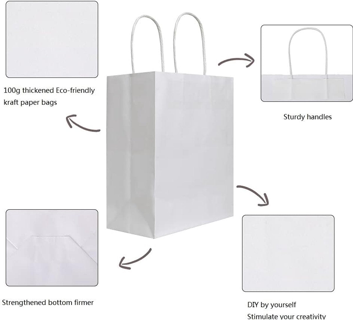 Pack of 20 - Size 21*11*27cm, Medium White Kraft Paper Bags with Handles - Gift Bags, Craft Bags, Shopping Bags, Shopping Bags, Birthday Gift Bags, Wedding Bags, Business Bags