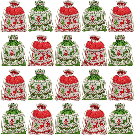 Christmas linen gift bags - 24 pieces - 13x18cm - Christmas decoration for indoors - Reusable - Christmas candy bags with drawstring - Suitable for gift bags for children's parties during the Christmas holidays