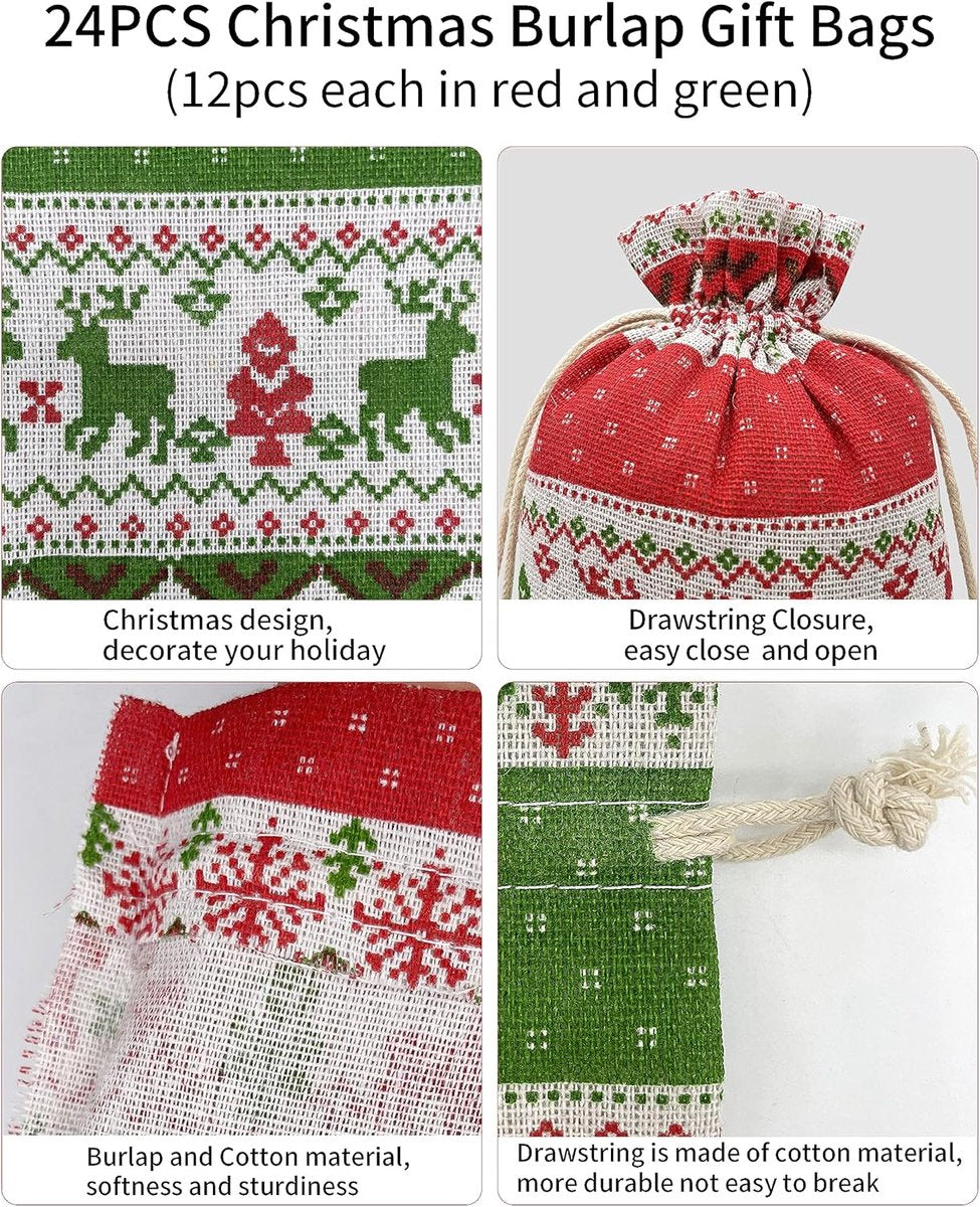 Christmas linen gift bags - 24 pieces - 13x18cm - Christmas decoration for indoors - Reusable - Christmas candy bags with drawstring - Suitable for gift bags for children's parties during the Christmas holidays