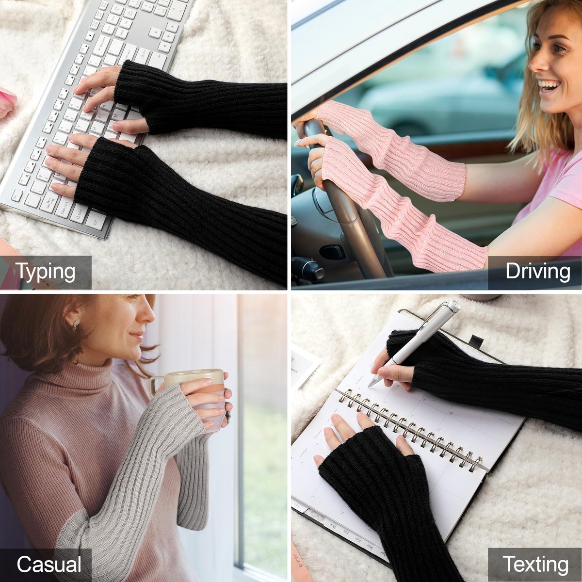 Arm Sleeves - Women's Long Fingerless - Knitted Y2K Arm Sleeves - (Beige)