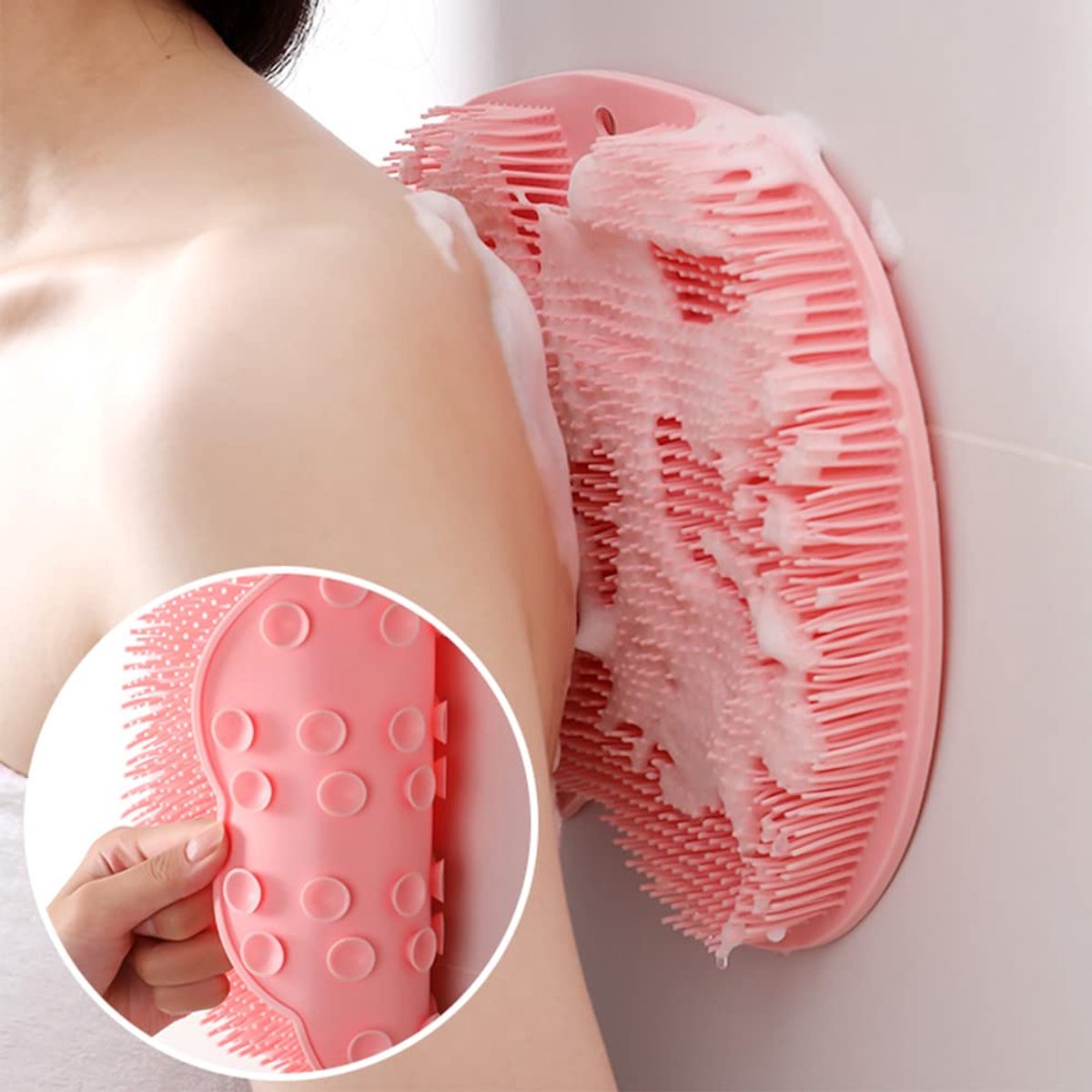 Shower Mat - Non-Slip Bath Mat - Foot Cleansing Pad, Back Scrub Pad, Exfoliating Bath Scrub Pad, Non-Slip Wall Suction Cup - Suitable for Men and Women (Pink)