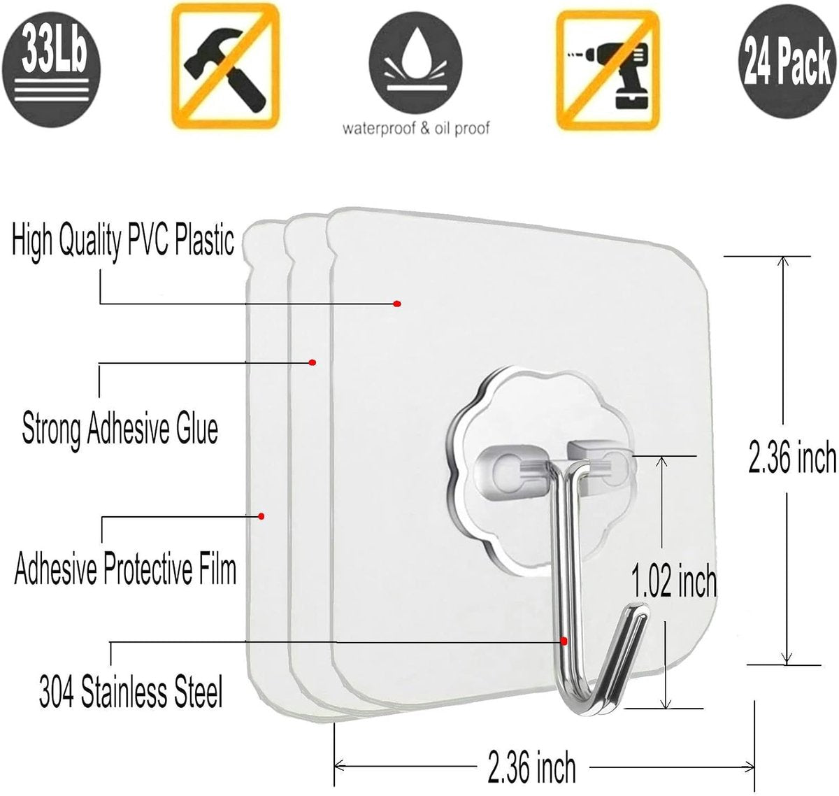 Self-adhesive hooks - transparent - waterproof - self-adhesive wall hooks - suitable for keys - bathroom, shower, outdoor, kitchen, door - practical pack of 24