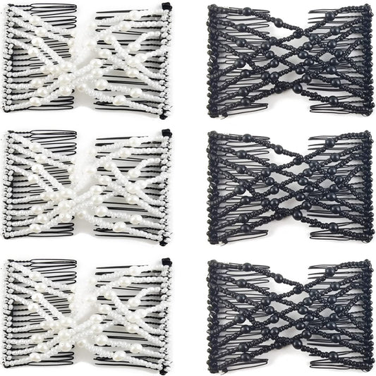 6-Pack Pearl Hair Combs - Elastic Magic Hairpins - Hair Clamps - Hair Clip - Black & White - For All Hair Types