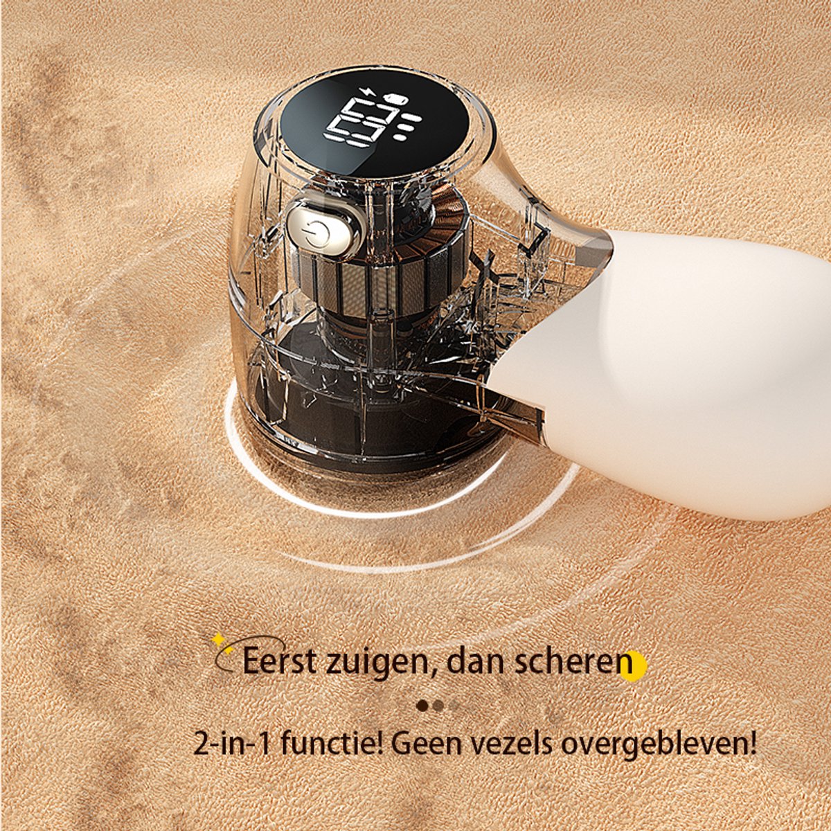 Rechargeable Lint Remover with Display - Lint Remover - Suction and Shave Function - Lint Remover - Type-C Charging - 3 Working Modes & 6-Blade System - Beige